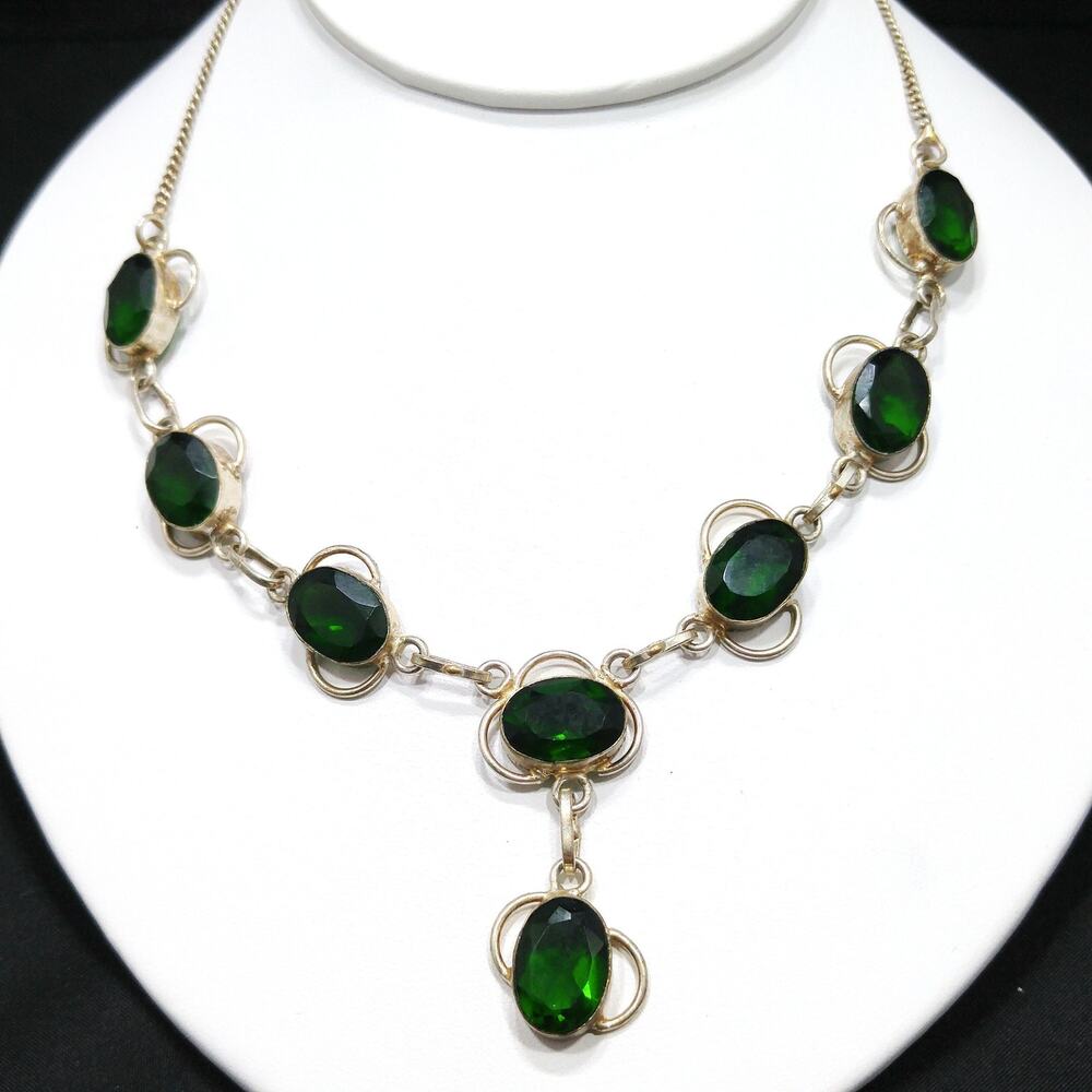 Vintage Green Glass Necklace Open Back Rhinestone Dangle 21in